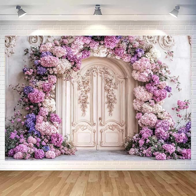 7X5ft Flower Backdrop Purple Floral Arch Retro Door Photography Backdrops Modern Interior European Style Wall Decoration Wedding Portrait Background Studio Photo Booth Props