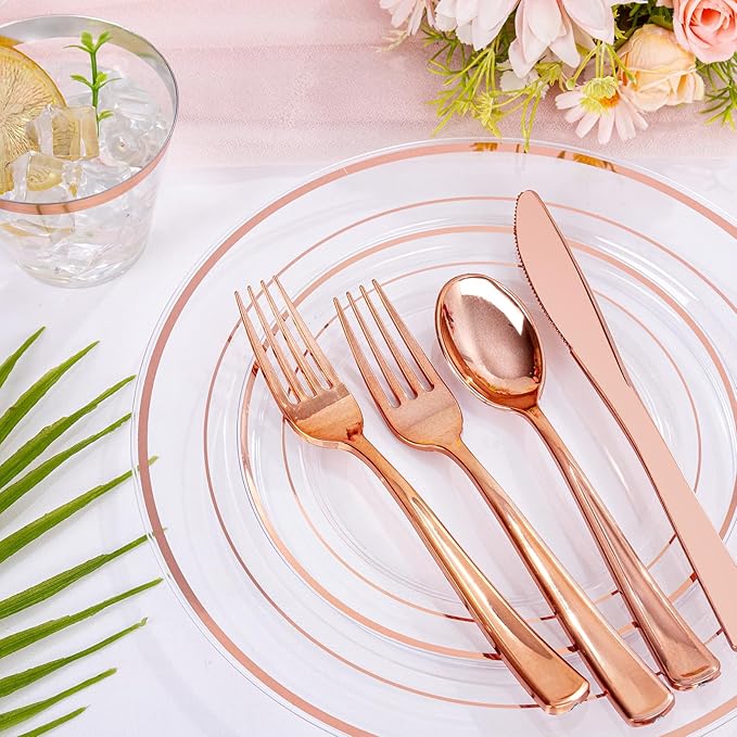bUCLA 300PCS Rose Gold Plastic Dinnerware - Clear Dinnerware Set Disposable Include 50 Dinner Plates,50 Dessert Plates,50 Knives,50 Forks,50 Spoons,50 Cups for Party, Wedding & Mother's Day