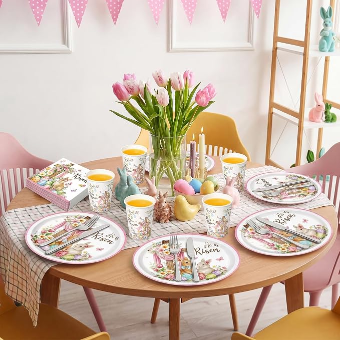 Vesici 150 Pcs He is Risen Oval Paper Plates and Napkins Christian Easter Tableware Set 10'' x 12'' Large Disposable Heavy Duty Religious Easter Plates Cross Paper Cups Napkin for Jesus Party Supplies