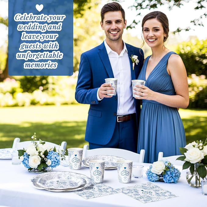 Newtay 250 Pcs Something Blue Disposable Plates and Napkins Bridal Shower Party Tableware Setting for 50 Guests Bachelorette Wedding Party Napkins and Cups Engagement Supplies