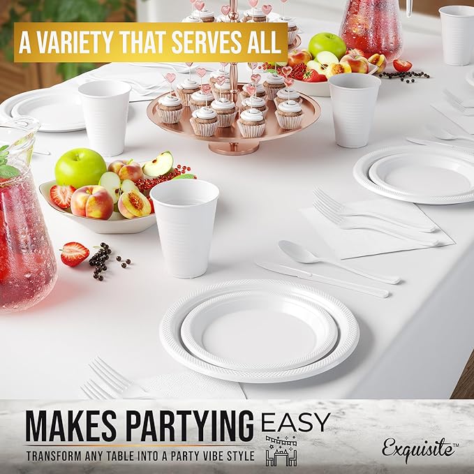 Party Solids 350 Pieces White Plastic Plates For Party, White Disposable Plates Set, 50 Of Each 9" Dinner Plate Set, 7" Dessert Plate, Cups, Napkins & Cutlery Plastic Dinnerware Set