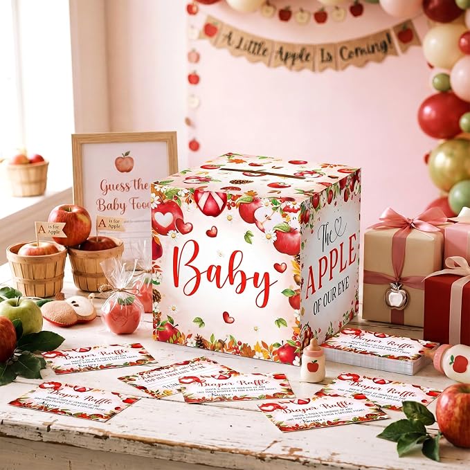 Teling 51 Pieces Diaper Raffle Tickets with Card Box Baby Shower Decorations Gender Reveal Holder Box for Girl Boy Diaper Raffle Party(Apple of Our Eye Style)
