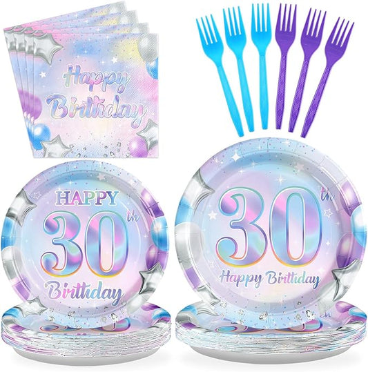 Grencian 96Pcs 30th Birthday Decorations Iridescent 30th Birthday Party Plates Disposable 350GSM Sweet 30 Years Paper Tableware Set for Women 30 Years Old Party Supplies Serves 24
