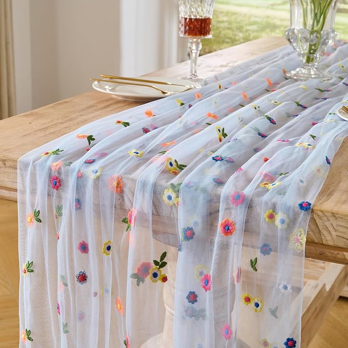 BINBE 12pcs Daisy Spring Table Runner Embroidery Gauze 10FT Florals Seasonal Tulle Holiday Birthday Kitchen Dining Table Decor for Home Party Blue