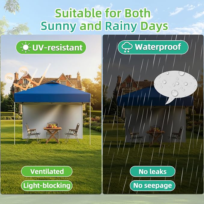 10X10FT Blue Pop Up Canopy Tent with 1 Sidewalls & Roller Carrybag for Sun Shade and Waterproof, Outdoor Adjustable Height Instant Shelter Gazebo with Sandbags for Camping, Patio, Backyard, Events