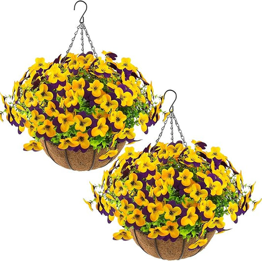 lovemoon 2 Set Artificial Outdoor Pansies Flowers with Hanging Baskets, 2 Hanging Planters with 24 Pcs Silk Pansy Flowers for Spring Easter Decorations Porch Patio Home Decor (2, Purple, Yellow)