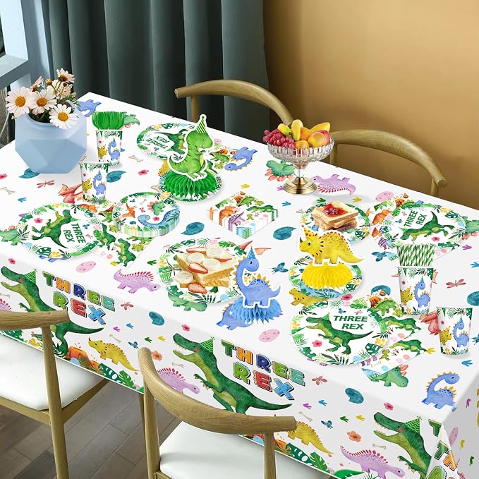 Three Rex Birthday Decorations Boy - 187 Pieces Set for 25 Guests, Includes Tableware, Banner, Hanging, Balloon, Cupcake Topper, Tablecloth- Perfect for 3rd Birthday & Dinosaur Theme Parties