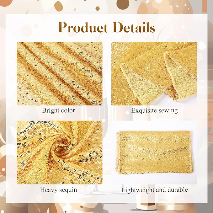Newwiee 54 Pcs Gold Sequin Chair Sashes and Table Runners, 48 Sequin Chair Bows, 6 Glitter Table Runners for Birthday Party Wedding Banquet Holiday Decorations