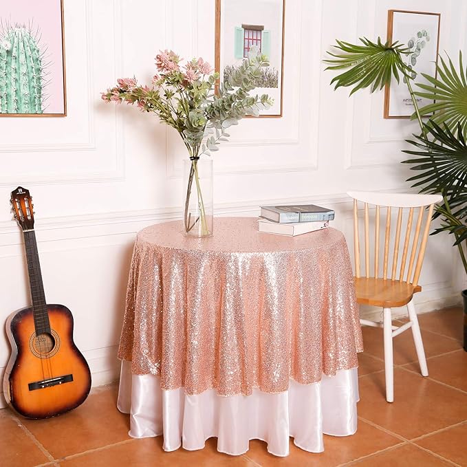 Juya Delight Rose Gold Sequin Tablecloth Round 50-Inch for Wedding Birthday Party Festival Dessert Table Decoration