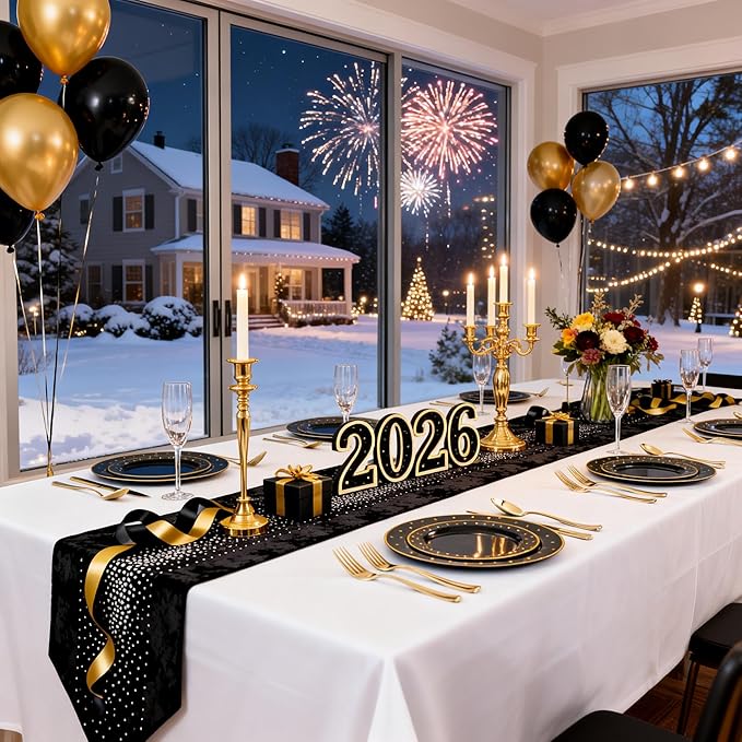 DaYammi 200Pcs Gold and Black Plastic Plates with Silverware,Black Disposable Plates for Party Black Gold Supplies Includes 40 Dinner Plate,40 Dessert Plate,40 Forks,40 Knives,40 Spoons for Party