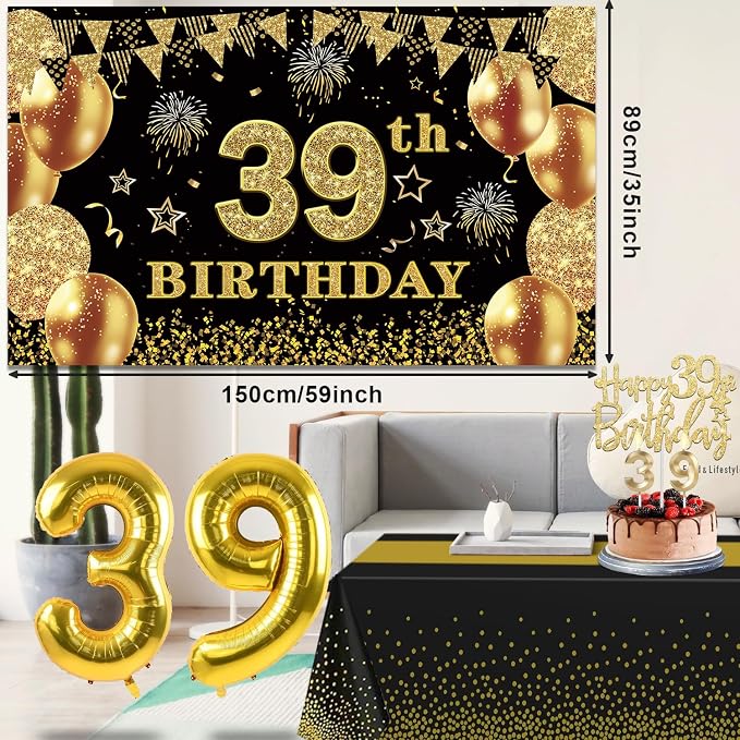 39th Birthday Decorations Men Women with 39th Birthday Banner, Black and Gold Table Cloth, Number Balloons, Large Sash, Cake Topper and Candles