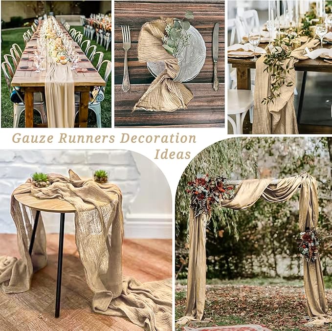 12 Pack 10Ft Beige Cheesecloth Table Runner 35 x 120 inch Boho Gauze Cheese Cloth Table Runner Vintage Rustic Sheer Runners for Wedding Bridal Shower Birthday Party Cake Table Decorations
