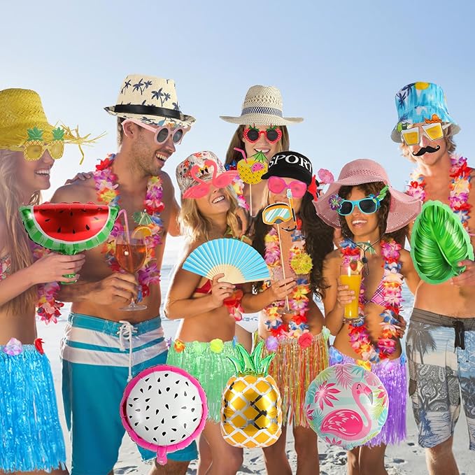 Bulk Summer Hawaiian Photo Booth Props, Luau Photo Props, Funny Hawaiian Sunglasses, Tropical Fancy Dress Props, Photo Booth Props Sets for Hawaii/Tropical/Tiki/Summer/Beach Theme Party Supplies