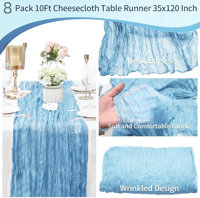 8 Pack Baby Blue Cheesecloth Table Runner 10Ft Gauze Cheese Cloth Table Runner 35 x120Inch Boho Table Runners Romantic Table Cover for Wedding Engagement Bridal Baby Shower Birthday Party Table Décor