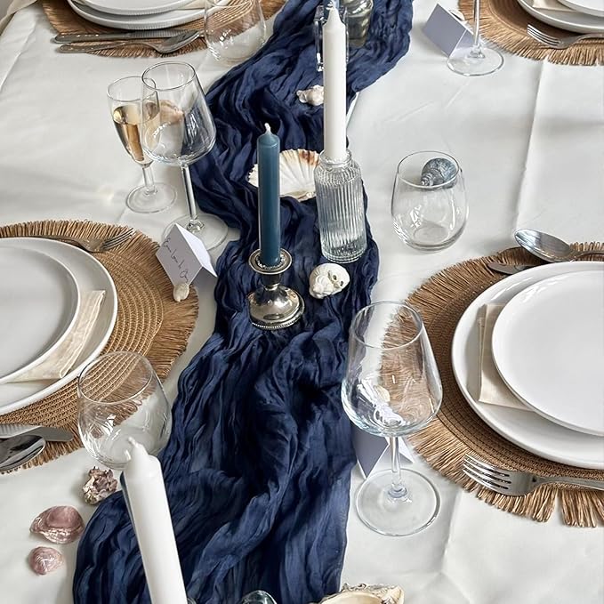 20 Pack Navy Blue Cheesecloth Table Runner 17x108 Inch Semi Sheer Boho Rustic Gauze Cheese Cloth Table Runners for Wedding Party Birthday Baby Shower Home Décor