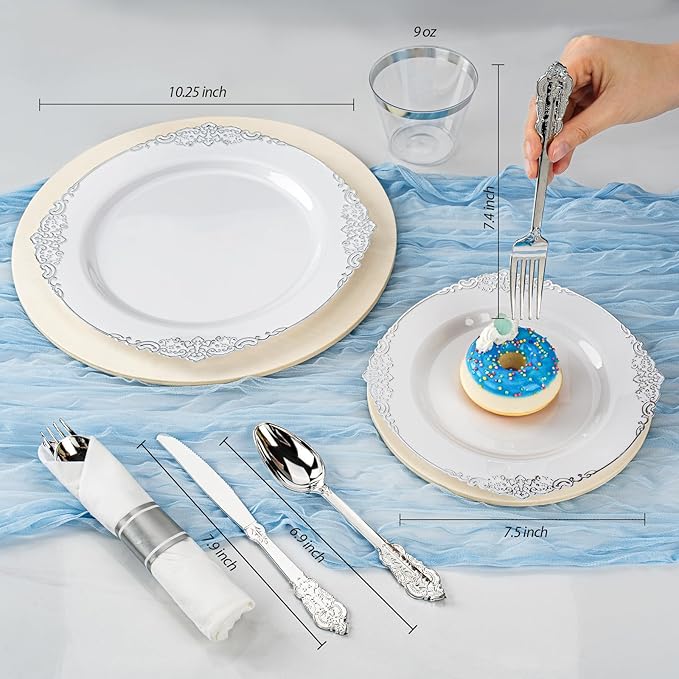 Bestluck 350PCS Silver Plastic Plates for 50 Guests, Disposable Dinnerware Sets Include 100 Silver Rim Plastic Plates, 50 Silverware, 50 Pre Rolled Napkins for Party, Wedding & Decor