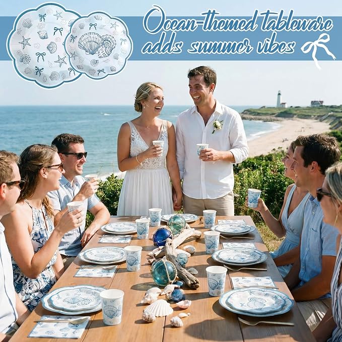 Newtay 250 Pcs Seashell Party Decorations Plates and Napkins Beach Theme Disposable Tableware Dinnerware for 50 Guests Blue Bow Seashell Paper Plates Napkins Cups for Bridal Shower Coastal Party