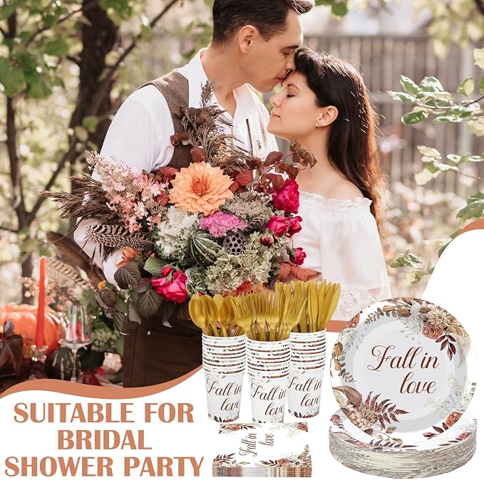 Shellwei 410 Pcs Fall in Love Bridal Shower Decorations Boho Floral Paper Plates and Napkins Set Disposable Party Tableware Sets with Cups Knives Forks Spoons Seat Card Favors for 50 Guests