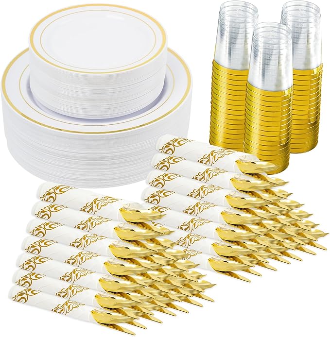 Fijinhom 350 Pieces Gold Disposable Plates for 50 Guests, Disposable Plastic Plates for Party, Wedding, Dinnerware Set of 50 Dinner Plates, 50 Salad Plates,50 Cups and 50 Paper Napkins, Gold