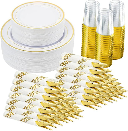 Fijinhom 350 Pieces Gold Disposable Plates for 50 Guests, Disposable Plastic Plates for Party, Wedding, Dinnerware Set of 50 Dinner Plates, 50 Salad Plates,50 Cups and 50 Paper Napkins, Gold