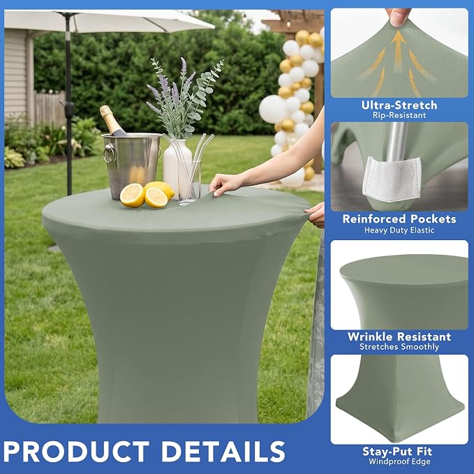 Cocktail Table Covers-Spandex Round High Top Table Cloths 6 Pack 32x43 Inch-Sage Stretch Fitted Bar Tall Tablecloth for Pub Bistro Highboy Party Event Banquet Height Folding Satnding Tables