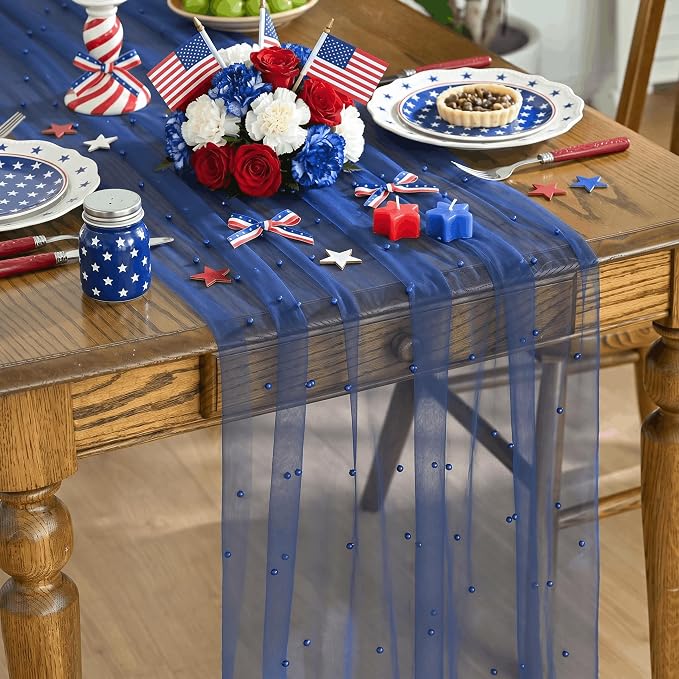 Artoid Mode Pearl Light Bule Gauze Table Runner 120 Inch, Seasonal Sheer Dining Holiday Wedding Birthday Baby Shower Table Decor for Home Party