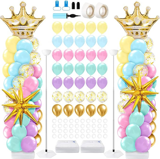2 Sets Princess Balloon Column Stand Kit with Crown Exploding Star Foil Balloon Pastel Rainbow Balloons Arch Garland for Princess Birthday Wedding Baby Shower Decorations Party Supplies