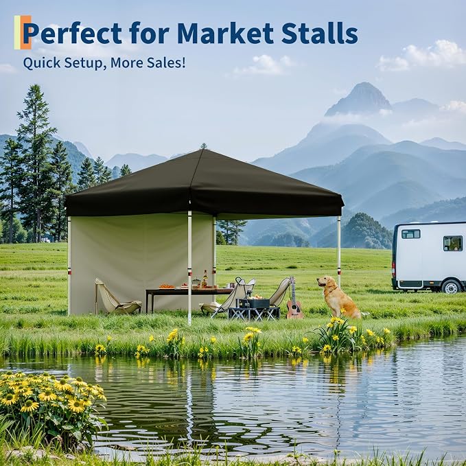 GarveeLife Pop Up Canopy Tent with 4Pcs Sidewalls, Portable Instant Commercial Canopy with 4 Stakes, 4 Ropes, 4 Sandbags for Farmers' Market, Patio, Outdoor, Camping, Black