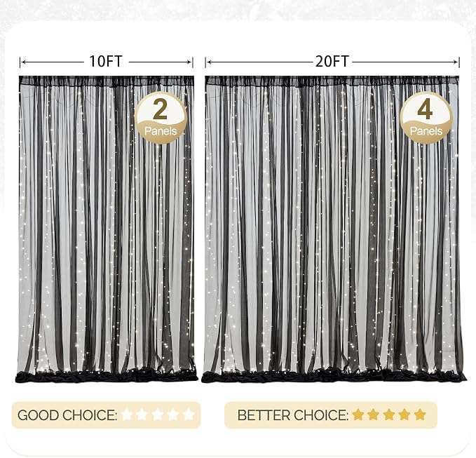 10x8ft Black Tulle Backdrop Curtain with Lights String for Parites, Sheer Photo Backdrop Curtains with Lights for Wedding Backdrop Ceremony Reception Bridal Shower Baby Shower Birthday Party