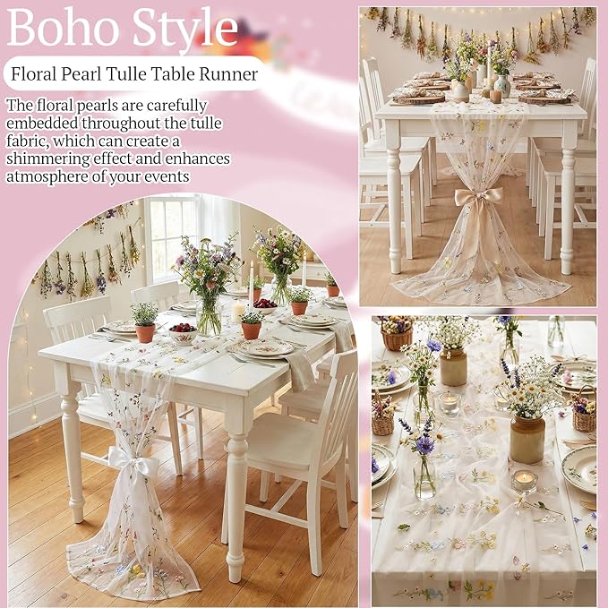Lounsweer 3 Pcs White Wildflower Table Runner 10ft Embroidery Tulle Spring Floral Table Runner Seasonal Summer Butterfly Kitchen Dining Gauze Decoration for Wedding Baby Shower Birthday Party