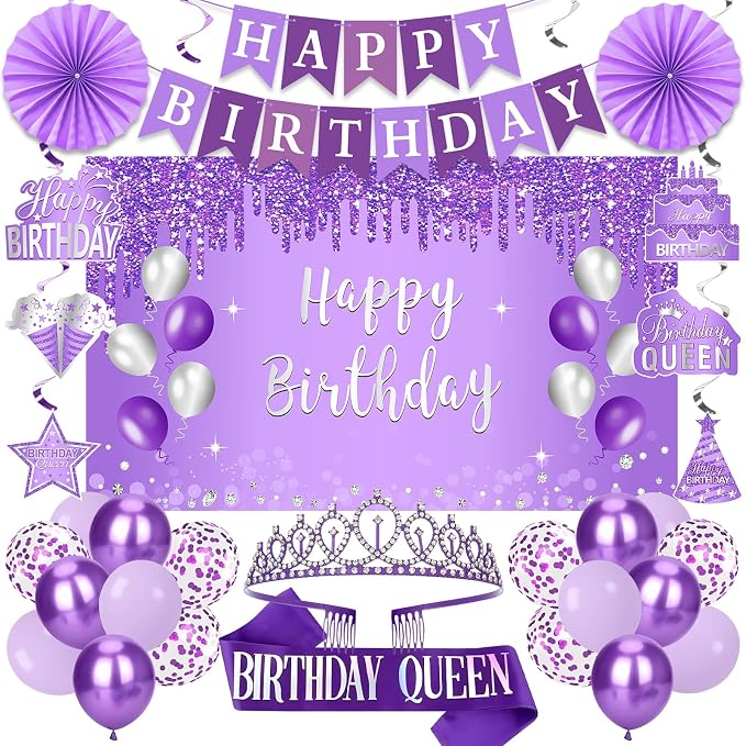 Purple Birthday Decorations for Women Girls, 30pcs Birthday Queen Crown and Sash, Purple Banner Balloons Backdrop Hanging Swirls Paper Fans Bday Party Decorations Kit Gifts for Her