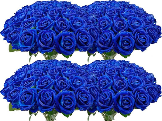 Wondrus Bulk Artificial Flowers 100 PCS, Fake Velvet Silk Blue Roses with Long Stems Realistic Bouquet for Mother's Day Wedding Centerpieces, Faux Arrangement for Home Table Decor