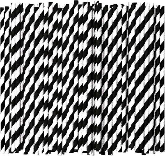 7.75'' Disposable Paper Drinking Straws Bulk, Black and White Striped - Unwrapped, Pack of 1000
