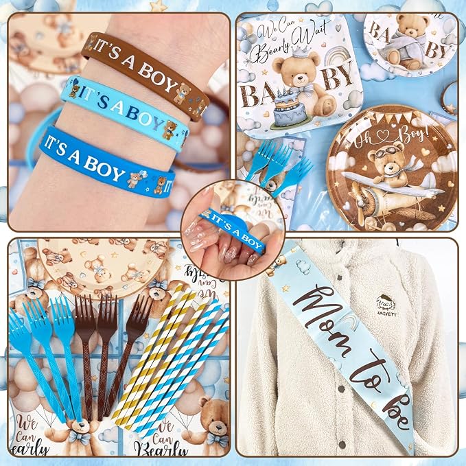 Blue Bear Baby Shower Decorations for Boy We Can Bearly Wait Baby Shower Plates and Napkins Tablecloth Banner Toppers Bracelets Sash Honeycombs Balloons for Boy Baby Shower Party Supplies Serve 26