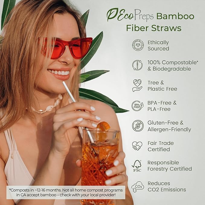 EcoPreps 10” Biodegradable Bamboo Fiber Straws, Extra-Long Straw | 100 Count, 100% Compostable, Plastic-Free, Eco-Friendly Drinking Straw | Plant Fiber, Party Jumbo Disposable Straws, 10 Inches Tall