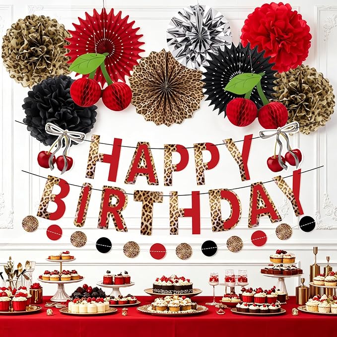 Cheetah Birthday Party Decorations Cherry Print Paper Fans Tissue Pom Pom Cherry Honeycomb Animal Print Birthday Banner Hanging Swirls Red Black Animal Print Party Decoration for Women Girls Birthday