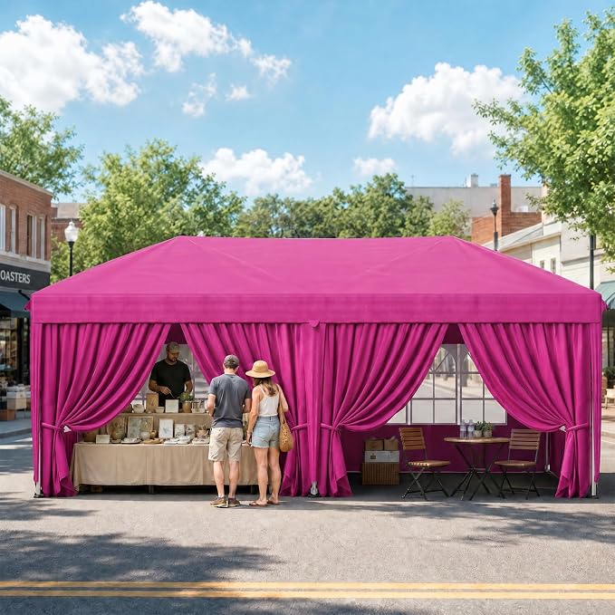 KIGOTY 10x20 FT Portable Pop Up Canopy Tent, Adjustable Height Instant Gazebo with Sidewalls, Sandbags, Waterproof Outdoor Canopy for Camping, Parties, Vendor Events (Pink, 3m × 6m with sidewalls)