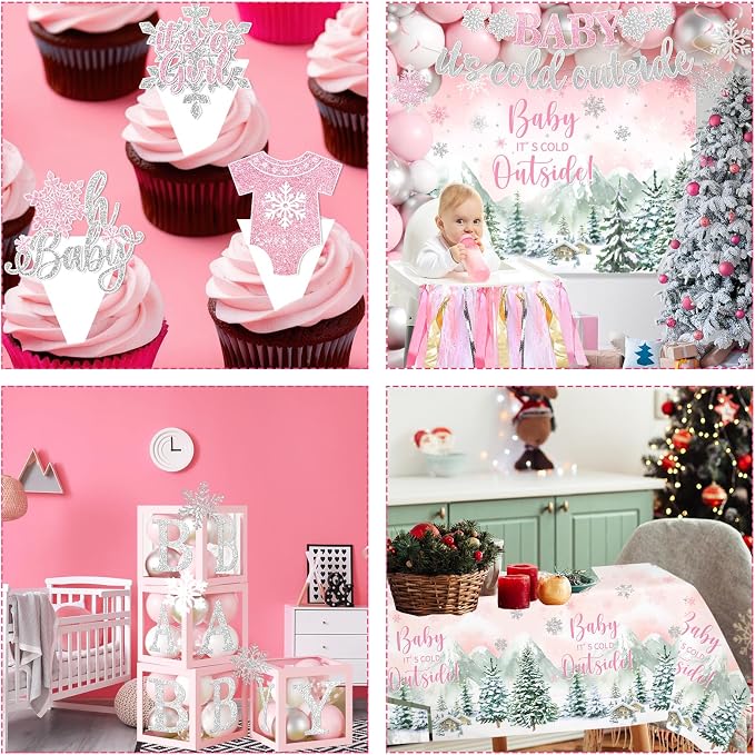 Baby It’s Cold Outside Baby Shower Decorations, Pink Winter Baby Shower Decorations for Girl Winter Woodland Tablecloth Banner Backdrop Balloon Box Cupcake Topper Hanging Swirl for Girl Gender Reveal
