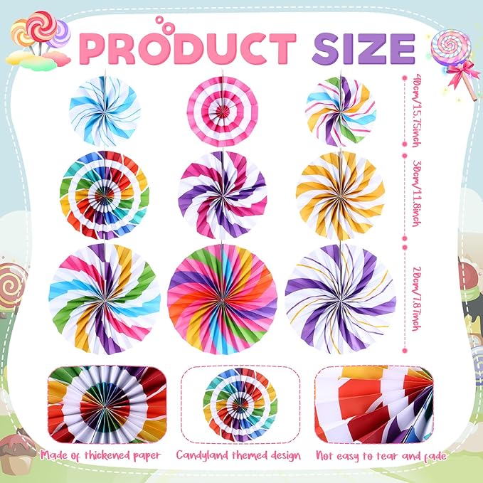 Outus Hanging Paper Fans Decorations Candy Party Classroom Decoration Colorful Peppermint Candy Paper Fan Ceiling Wall Garland for Candyland Themed Birthday Party Supplies(9 Pcs,Design)