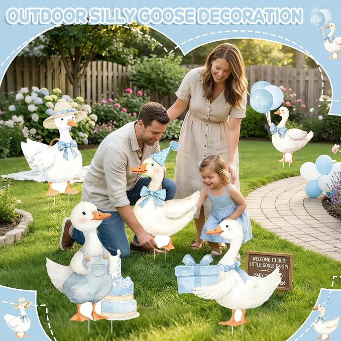 5Pcs Silly Goose Baby Shower Decorations, Blue Large Goose Cardboard Cutout Standup, Geese Birthday Party Sign for Photo Booth Props Backdrop Garden Entrance Decor Cartoon Party Supplies