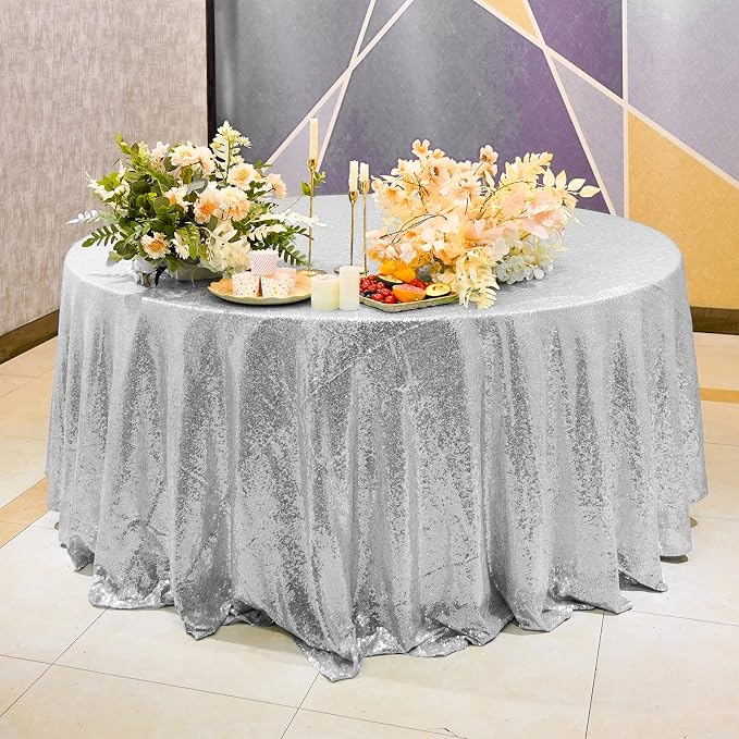 Silver Sequin Tablecloth 120" Round Sequin Tablecloth Shimmer Table Cloth Sparkly Drape Table Cover Decorations for Engagement Weddings Party Baby Bridal Shower Decorations
