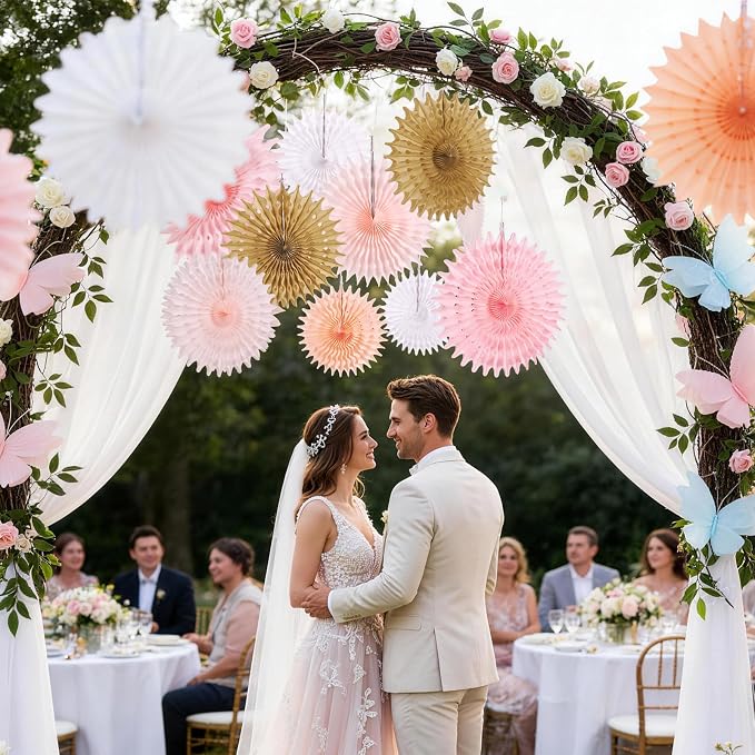 SUNBEAUTY 11Pcs Soft Pink Paper Fans Party Decorations for Wall, Reusable Large Spring Summer Hanging Paper Fans for Birthday Party Bachelorette Anniversary Wedding Bulletin board Photo Booth Backdrop