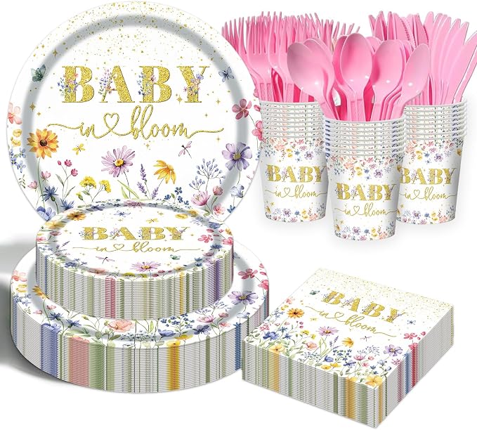 Wildflower Baby shower Plates and Napkins Party Supplies - 175PCS Spring Floral Baby in Bloom Paper Plates BabyShower Birthday Decorations Disposable Tableware Sets for Spring Summer, Serve 25 Guests