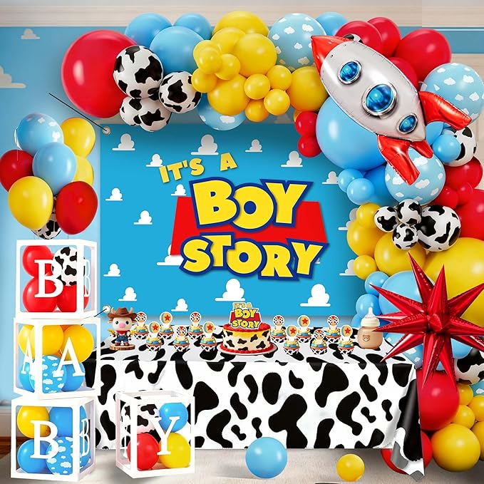 96Pcs Cartoon Toy Theme Baby Shower Decorations for Boy, Cowboy & Space Style Party Supplies with 4 Baby Boxes, Cow Cloud Pattern Balloons, Rocket Foil Balloon & Backdrop for Blue Yellow Red Decor