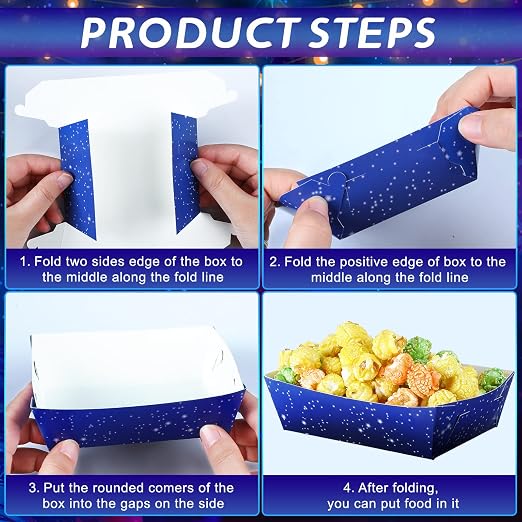 Hoolerry 48 Pcs Space Theme Party Paper Food Trays Galaxy Starry Night Paper Food Boats Snack Candy Popcorn Nacho Hot Dog Trays Serving Bowl for Buffet Birthday Party Decorations