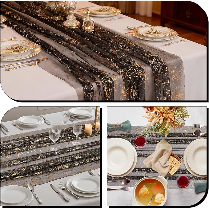BINBE 6PCS Black Table Runner 10Ft Sheer Chiffon Fabric Cheesecloth Sequin Glitter Table Runner for Wedding Birthday Party Decor