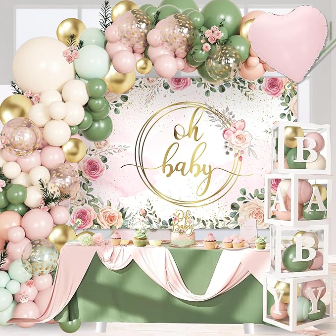 Baby in Bloom Baby Shower Decorations for Girl, Sage Green and Pink Party Supplies with 4pcs Balloon Boxes, "Welcome Baby Girl" Backdrop, Floral Tablecloth, 70pcs Balloon Garland Arch Kit