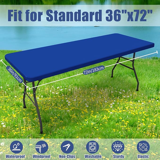 Moosfor Spandex Rectangle Table Cloth 4 Pack, Elastic Fitted Tablecloths for Picnic, Stretch Washable Patio Table Cover for Outdoor, Camping, Banquet and Parties (Blue, 36"x72")