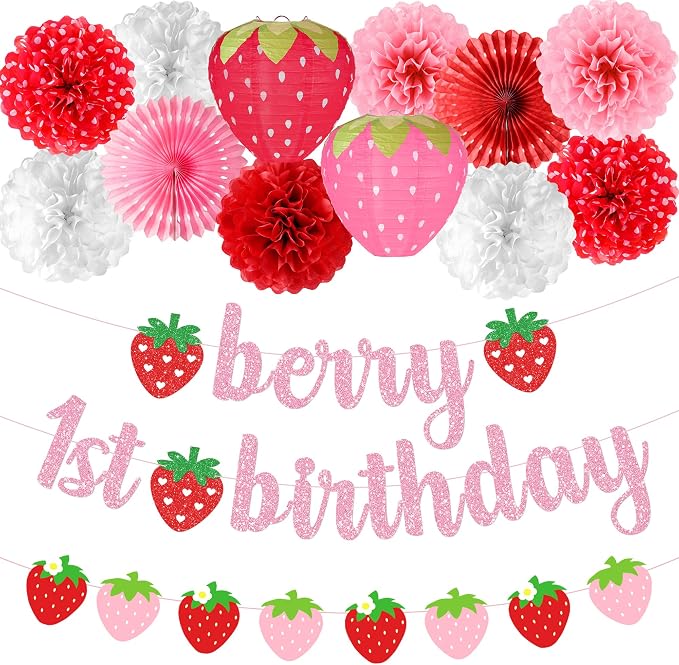 Kriyokiaa Berry First Birthday Decor 14 Pcs Strawberry 1st Birthday Decorations for Girls with Banners, Paper Lantern, Paper Pom Poms Perfect for Baby Girl Party Decoration