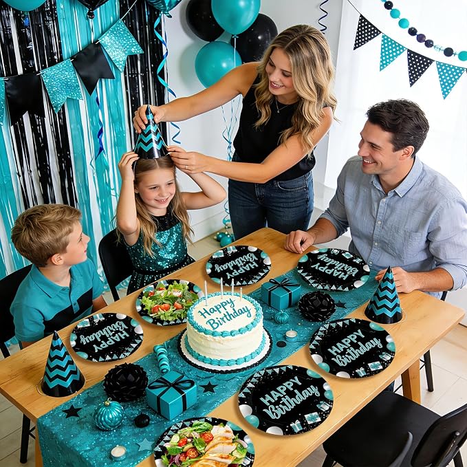 96 Pcs Happy Birthday Party Supplies Teal Blue and Black Decorations 350 GSM Disposable Turquoise Birthday Party Plates and Napkins Set Teal Blue Black Decorations for Graduations Kid Adults Serves 24